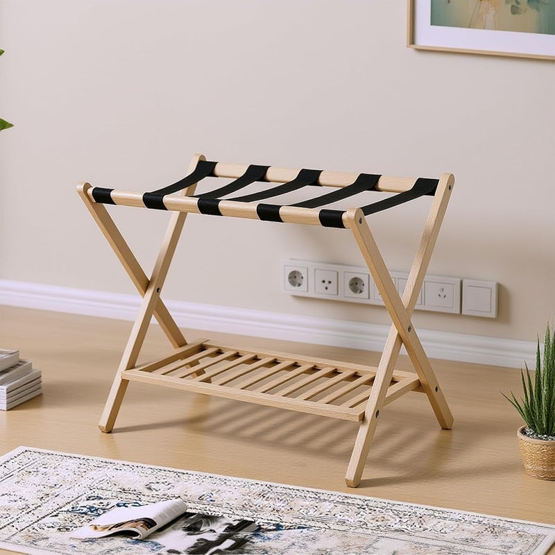 GAOHAPY Bamboo Luggage Rack with Shoe Shelf Folding Suitcase Stand with 5 Heavy-Duty Straps for Guest Room Living Room Hotel Ideal Luggage Holder for Suitcases Bags Shoes,Nature - Image 1